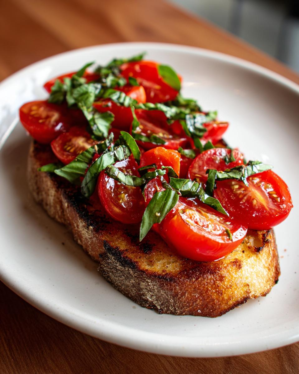 Een plak geroosterd brood belegd met verse Tomato Basil Bruschetta, gegarneerd met basilicumblaadjes.