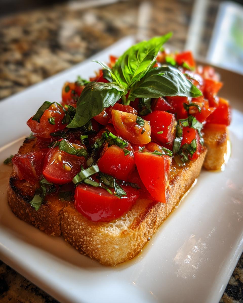 Close-up van een stuk Tomato Basil Bruschetta met verse tomaten, basilicum en gegrilde toast.