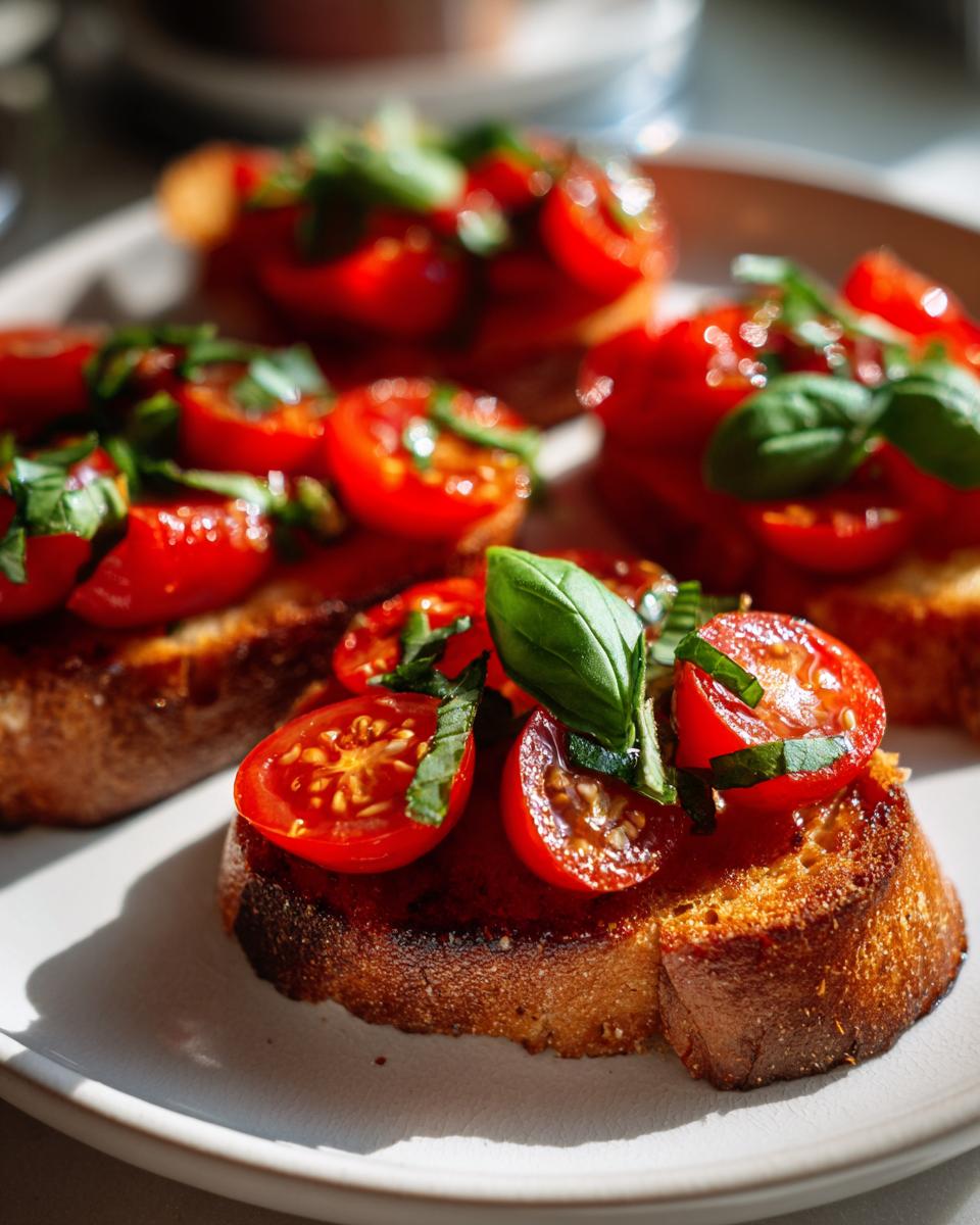 Close-up van Tomato Basil Bruschetta op geroosterd brood, gegarneerd met verse basilicumblaadjes.