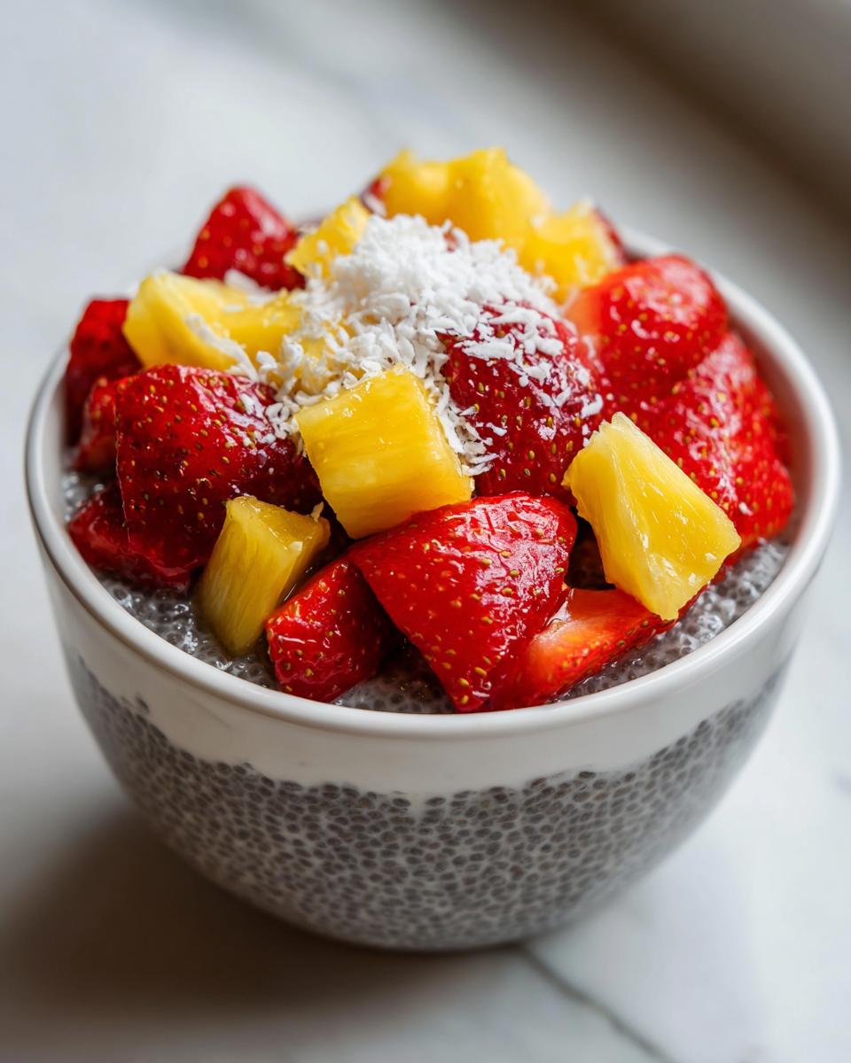 A close-up of a Tropical Strawberry Coconut Chia Bowl Delight, topped with fresh strawberries, pineapple chunks, and shredded coconut.