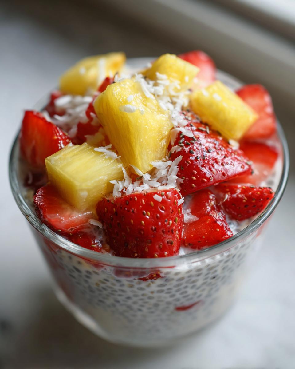 A refreshing Tropical Strawberry Coconut Chia Bowl Recipe Delight topped with fresh strawberries, pineapple chunks, and shredded coconut.