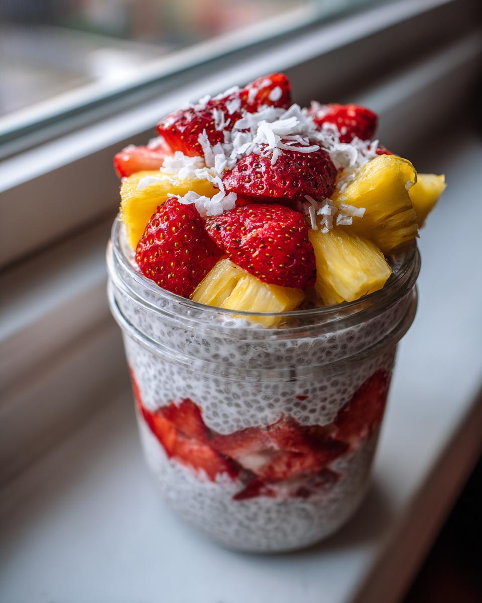 Close-up of a Tropical Strawberry Coconut Chia Bowl Delight in a jar, topped with fresh strawberries, pineapple, and shredded coconut.