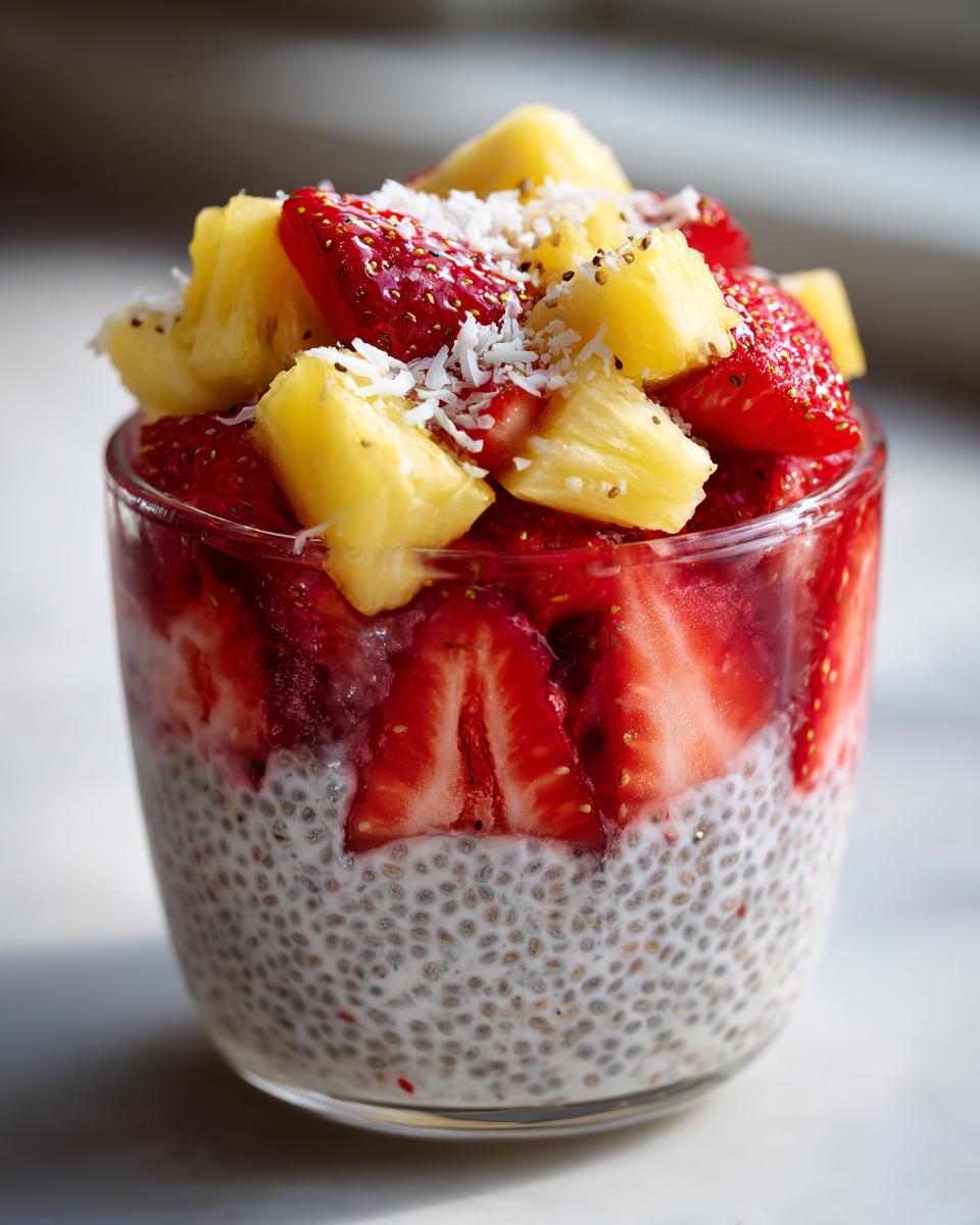 Close-up of a Tropical Strawberry Coconut Chia Bowl Delight, layered with chia pudding, strawberries, pineapple chunks, and shredded coconut.