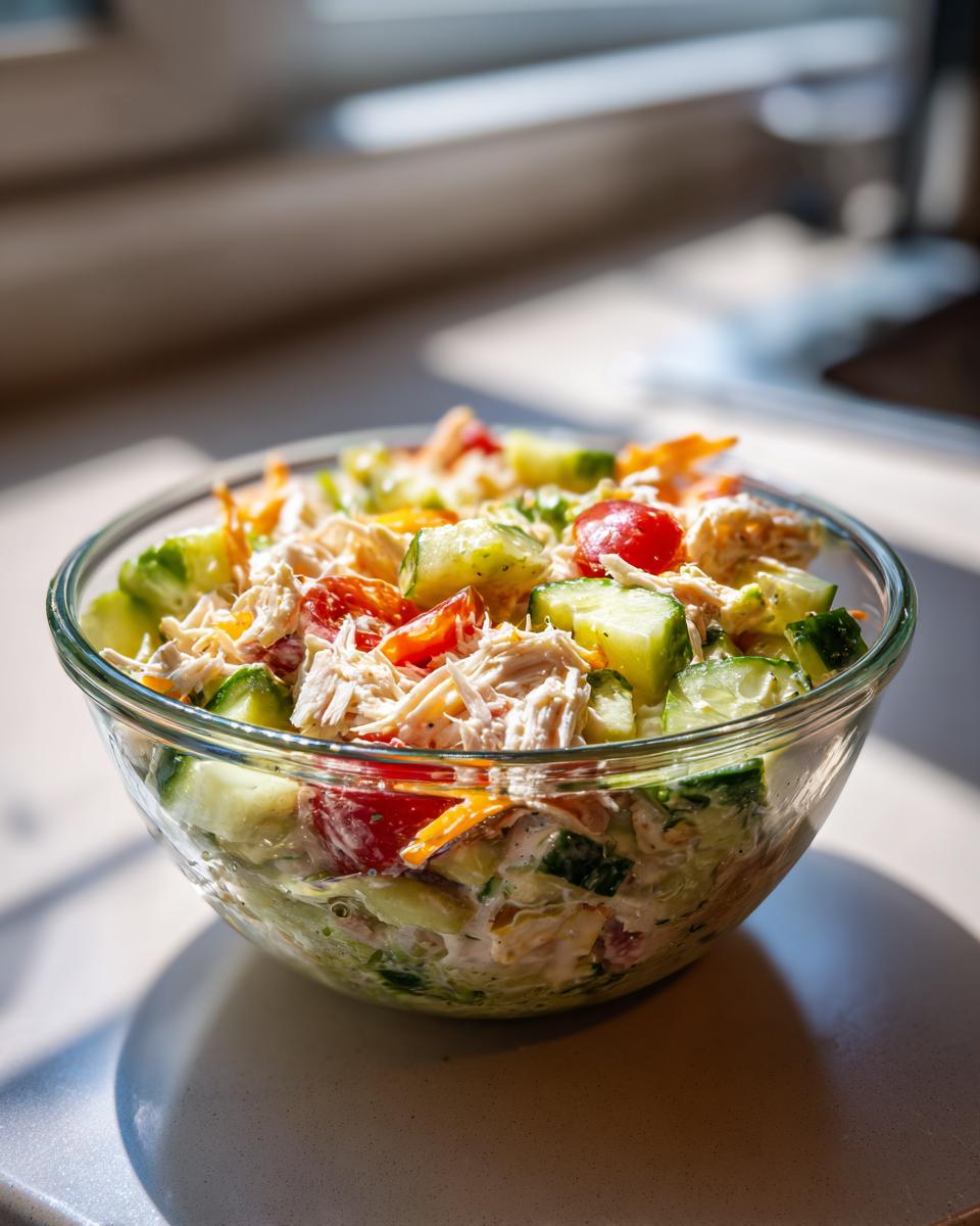 A close-up of the Ultimate BBQ Chicken Salad in a glass bowl, featuring shredded chicken, cucumber, tomatoes, and shredded carrots.