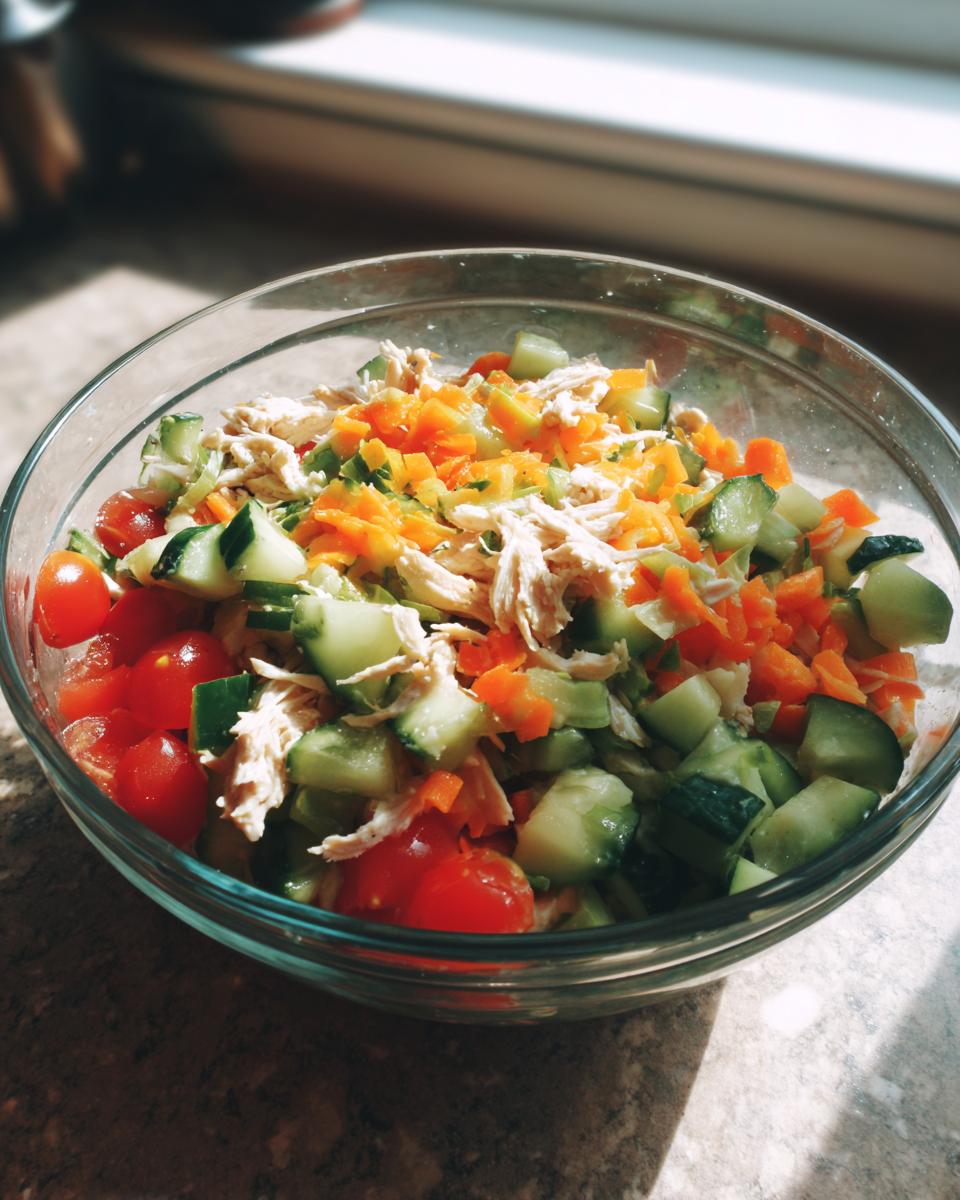 Close-up of ingredients for Ultimate BBQ Chicken Salad: shredded chicken, chopped cucumbers, cherry tomatoes, and shredded carrots in a glass bowl.