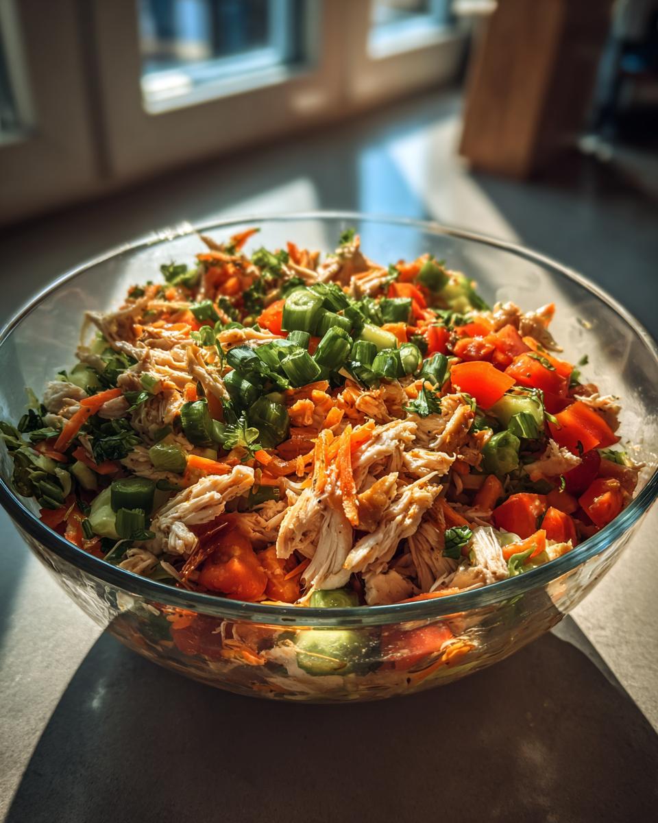 A large glass bowl filled with Ultimate BBQ Chicken Salad, featuring shredded chicken, tomatoes, cucumbers, carrots, and green onions.