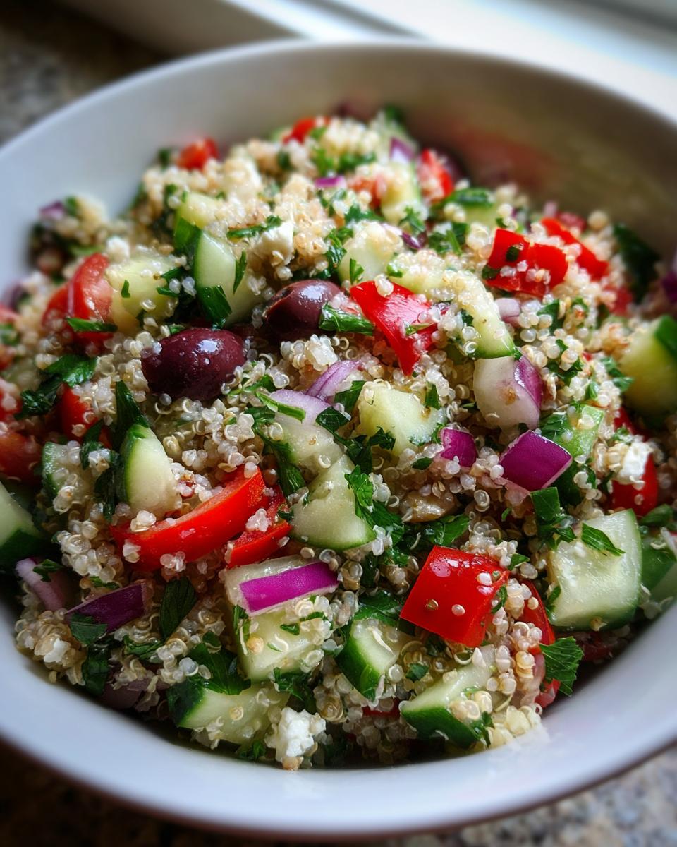 Close-up of a vibrant Mediterranean quinoa salad with cucumber, tomatoes, red onion, olives, and feta cheese.
