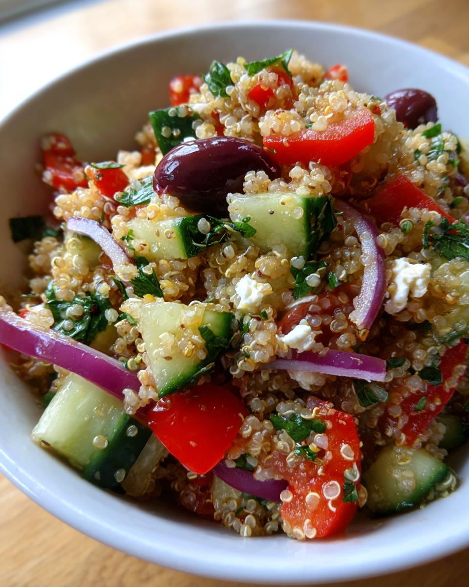 Close-up of a vibrant Mediterranean salad with quinoa, cucumbers, tomatoes, olives, red onion, and feta cheese.