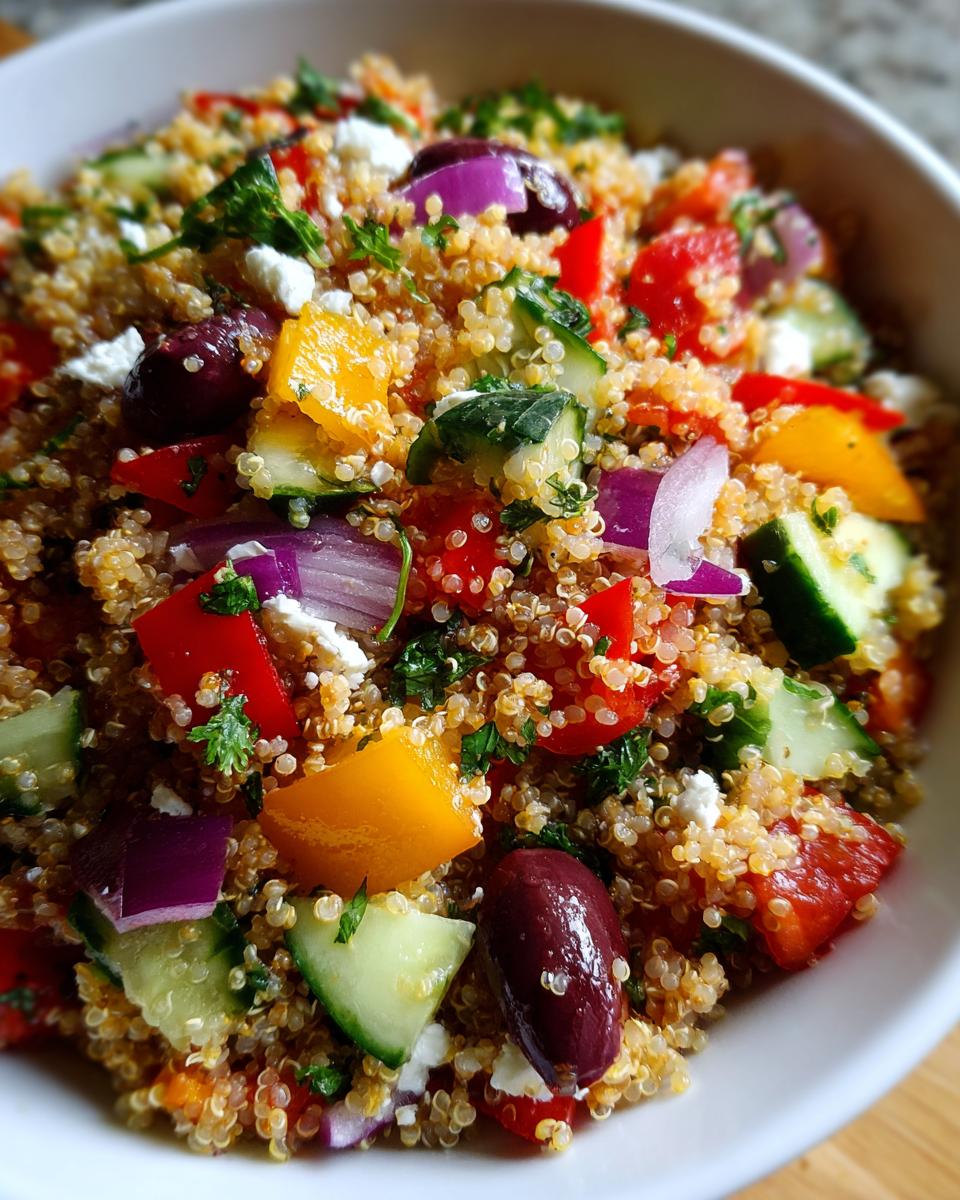 Close-up of a vibrant Mediterranean quinoa salad with chopped vegetables, feta cheese, and olives.