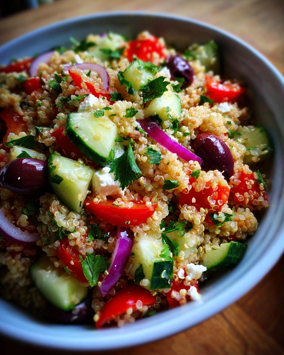 Close-up of a vibrant Mediterranean salad with quinoa, cucumber, tomatoes, olives, red onion, and feta cheese.