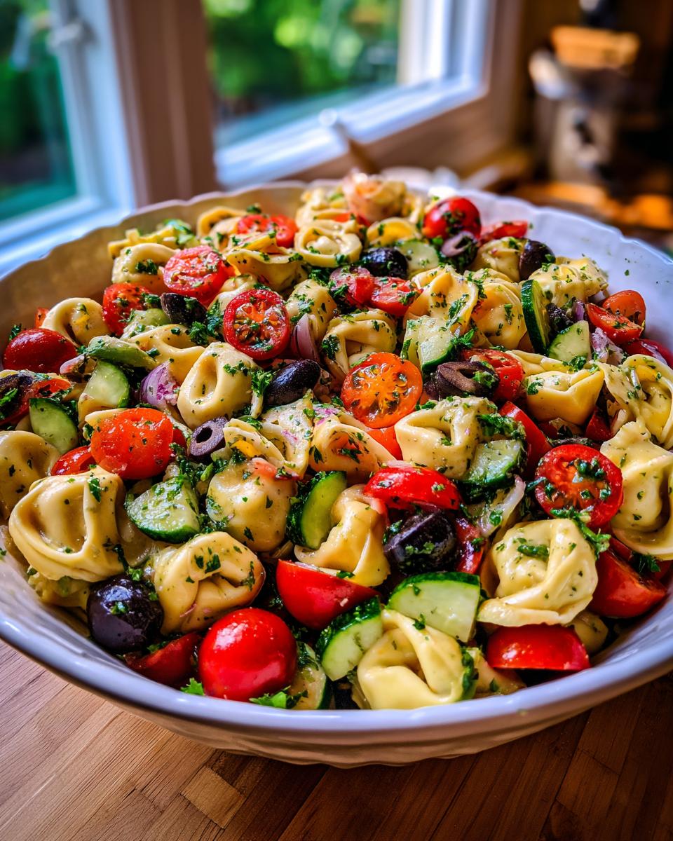 A close-up of a Vibrant Tortellini Pasta Salad Recipe, packed with cherry tomatoes, cucumbers, olives, and fresh herbs.