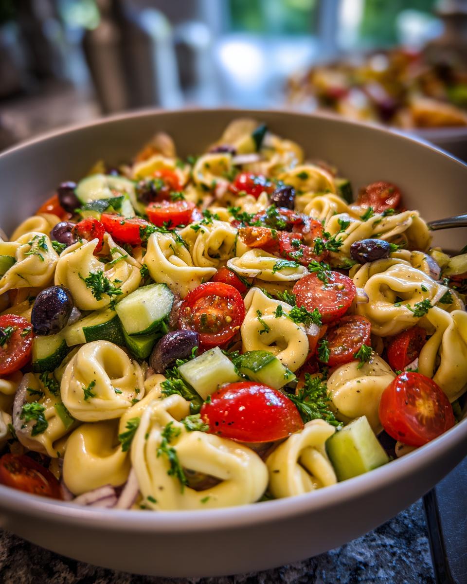 Close-up of a Vibrant Tortellini Pasta Salad Recipe with cherry tomatoes, cucumbers, olives, and fresh parsley.