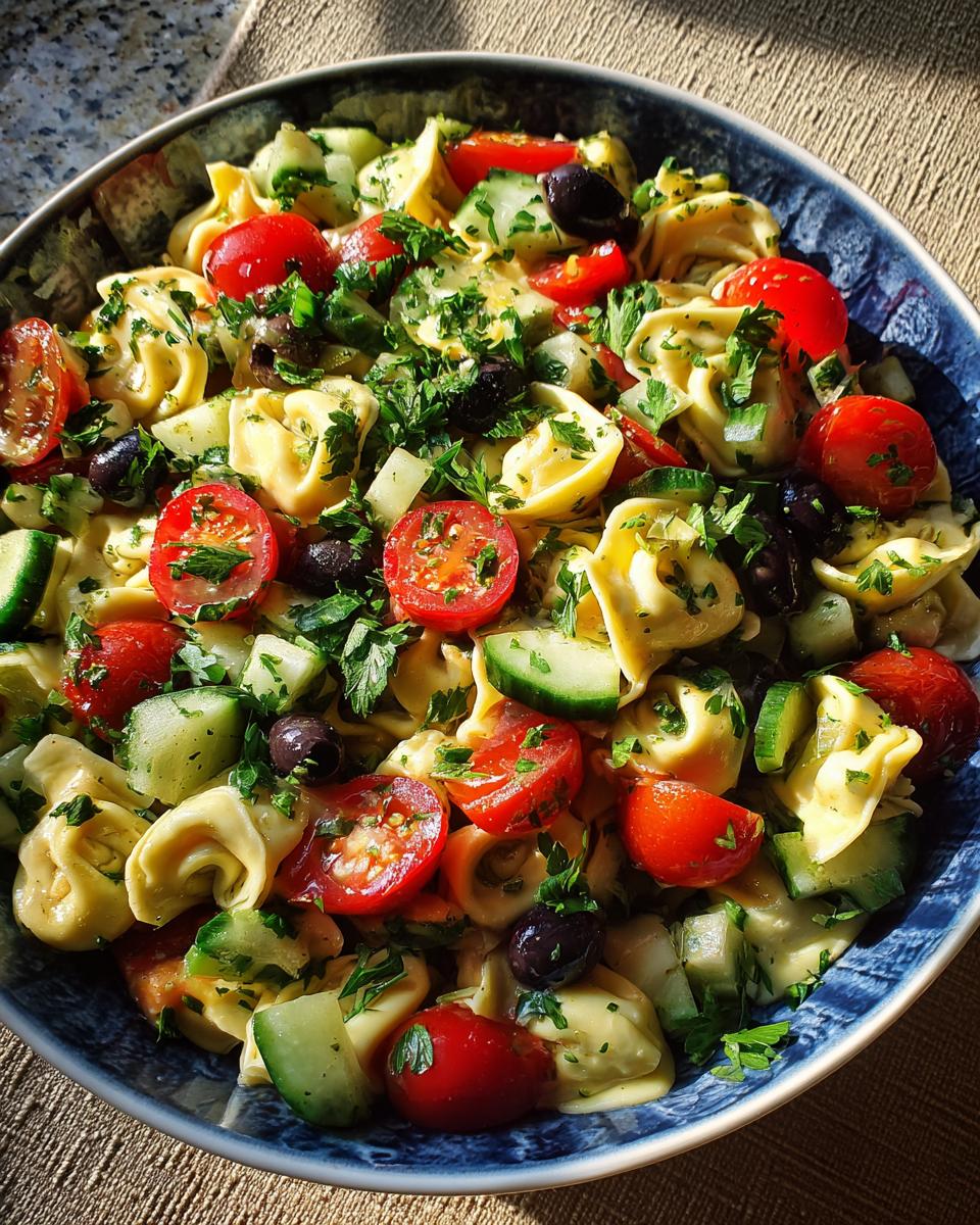 A close-up of a vibrant tortellini pasta salad with cherry tomatoes, cucumbers, olives, and fresh parsley.