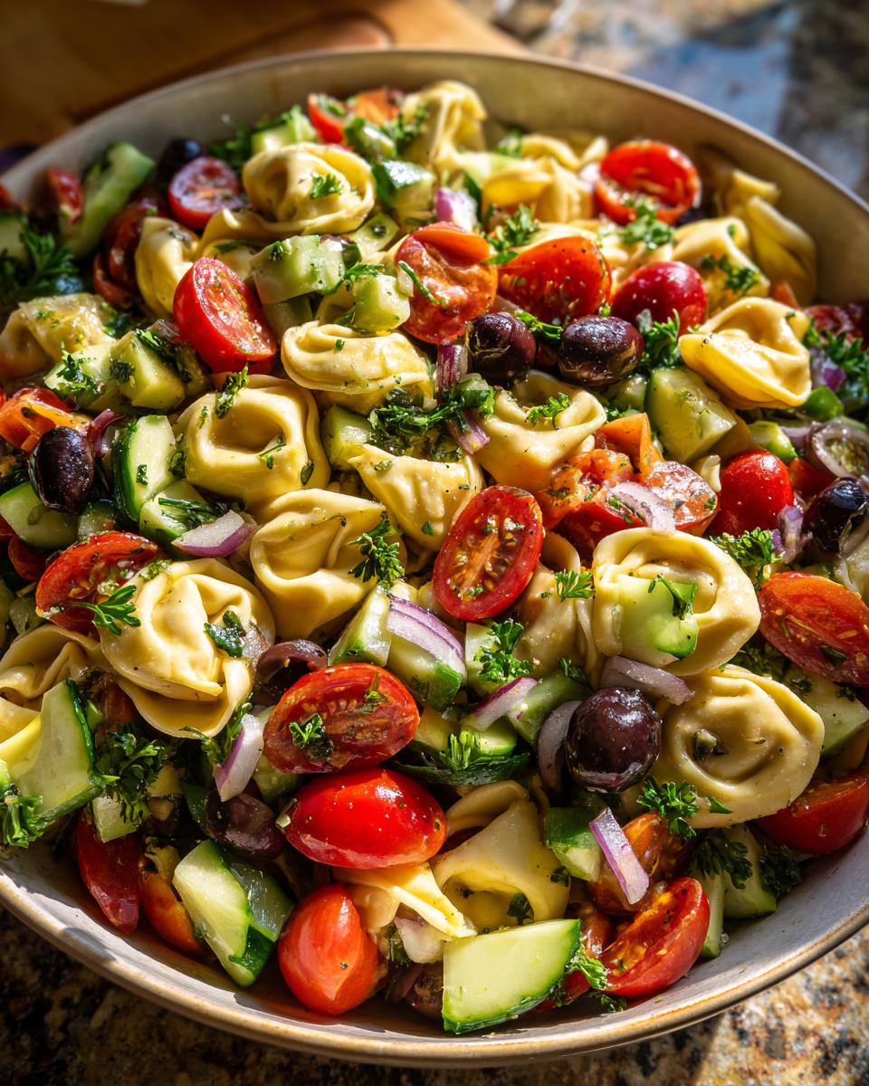 A close-up of a Vibrant Tortellini Pasta Salad Recipe with cherry tomatoes, cucumbers, olives, and red onion.