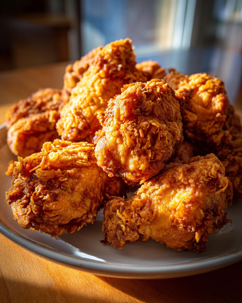 Een stapel zelfgemaakte, superkrokante kip in KFC-stijl, klaar om geserveerd te worden.
