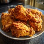 Close-up van een bord met zelfgemaakte super krokante kip, in KFC-stijl, met een goudbruine, knapperige korst.