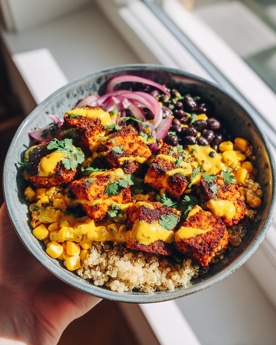 A close-up of Zesty Cilantro Lime Tofu Bowls with seasoned tofu, black beans, corn, quinoa, and red onion.