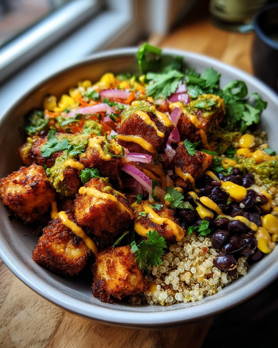 A close-up of Zesty Cilantro Lime Tofu Bowls with crispy tofu, quinoa, black beans, corn, and a drizzle of sauce.