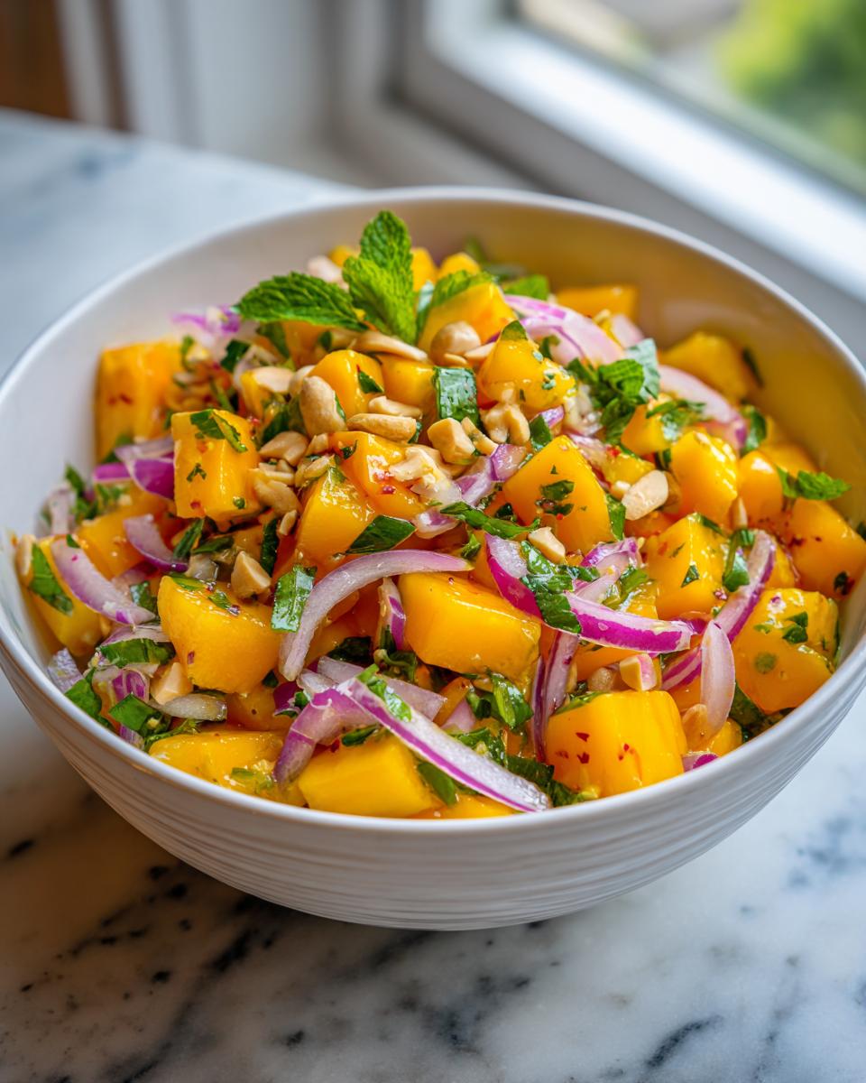 A refreshing bowl of Zesty Mango Salad With A Thai Twist Tropical Delight, featuring diced mango, red onion, mint, and peanuts.