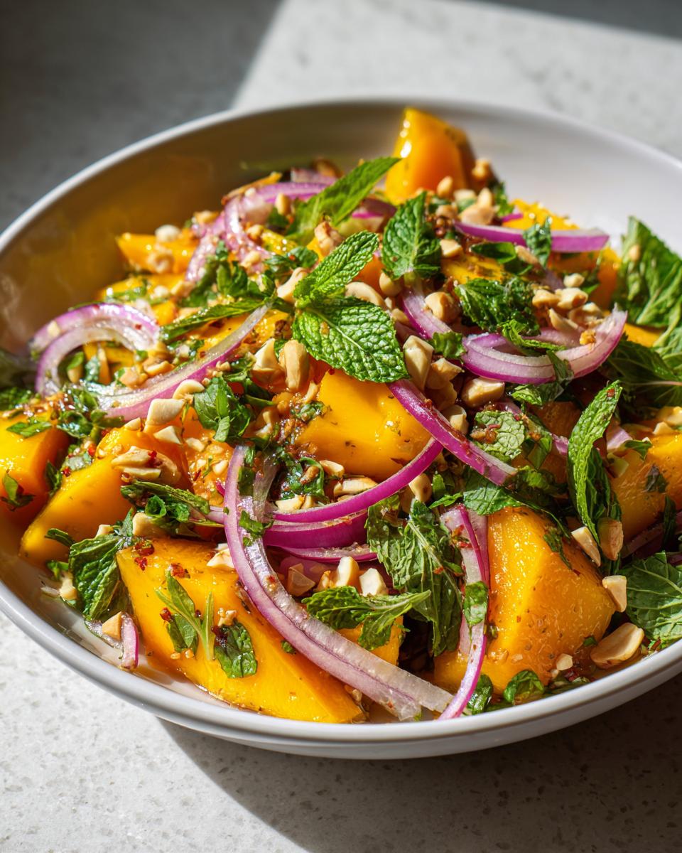 Close-up of Zesty Mango Salad With A Thai Twist Tropical Delight, featuring ripe mango chunks, red onion, mint, and chopped peanuts.
