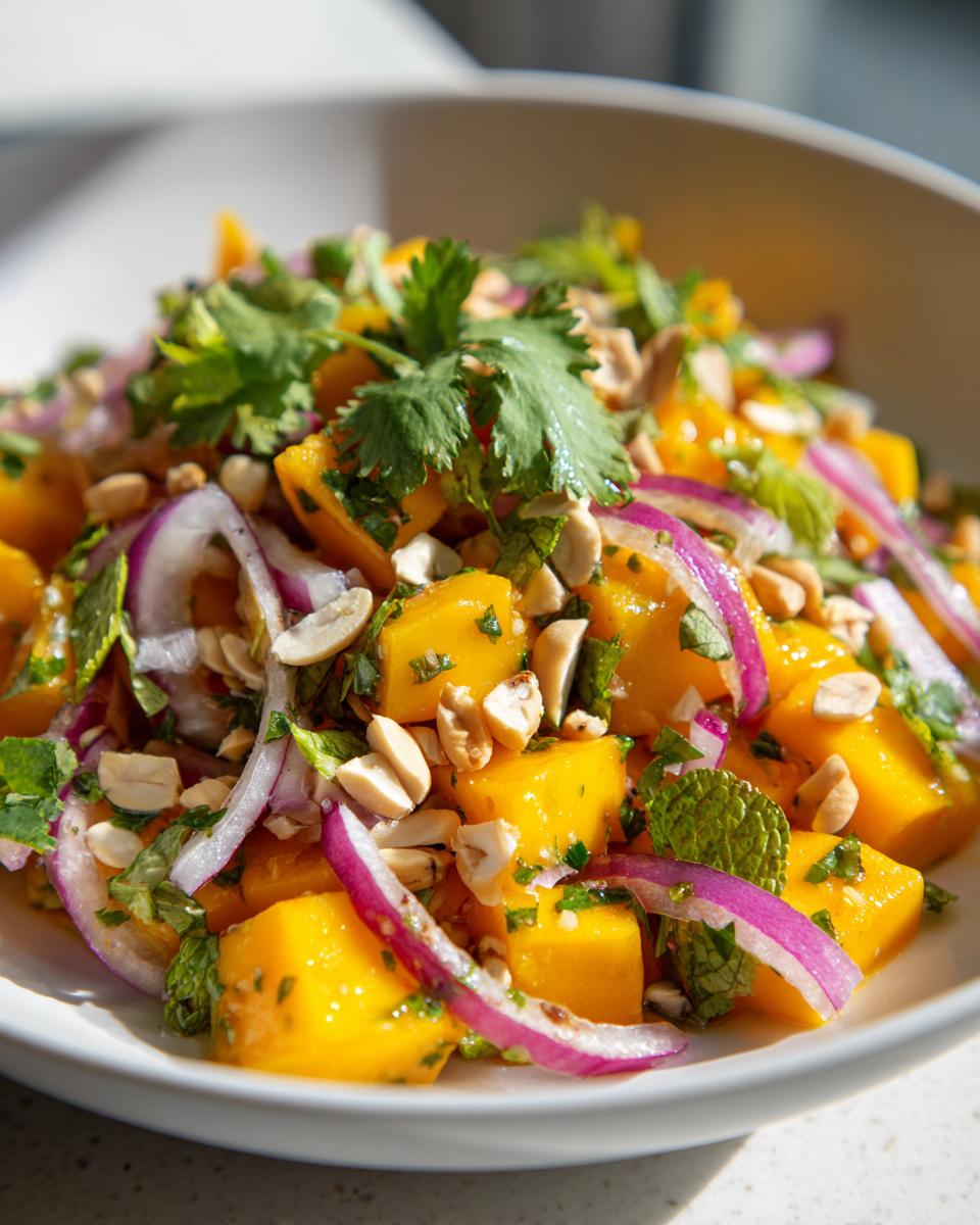 Close-up of a Zesty Mango Salad With A Thai Twist Tropical Delight, featuring diced mango, red onion, peanuts, and fresh herbs.