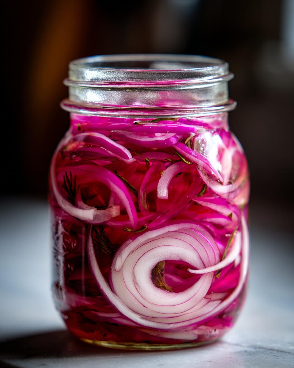 Close-up of a glass jar filled with vibrant Zesty Pickled Red Onions and herbs.