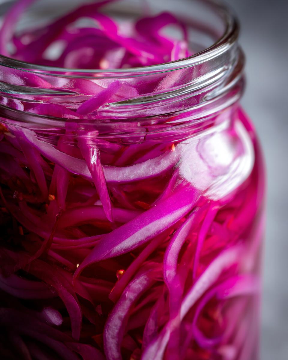 Close-up of vibrant Zesty Pickled Red Onions in a glass jar, showcasing their bright pink color and crisp texture.