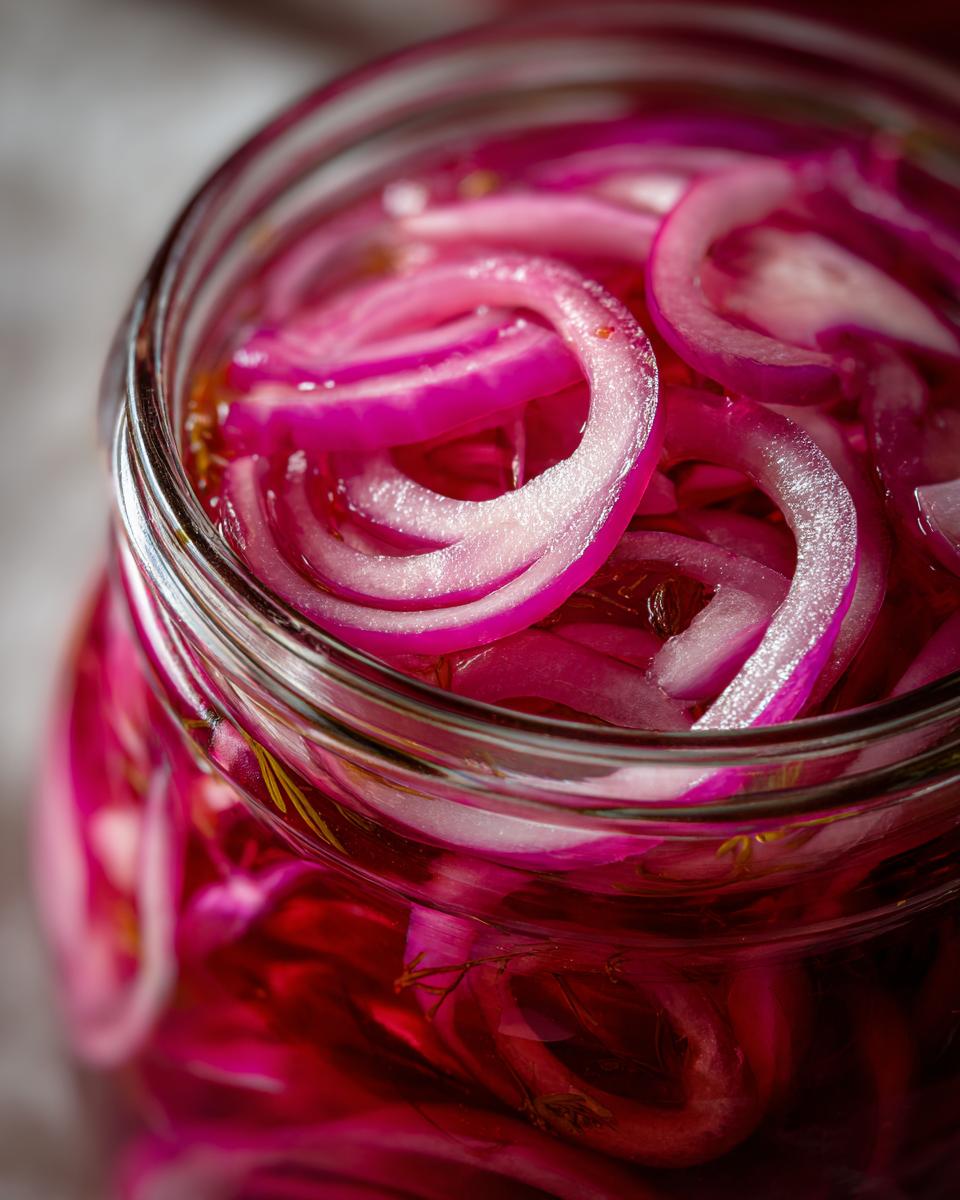 Close-up of bright pink Zesty Pickled Red Onions submerged in pickling liquid within a glass jar.