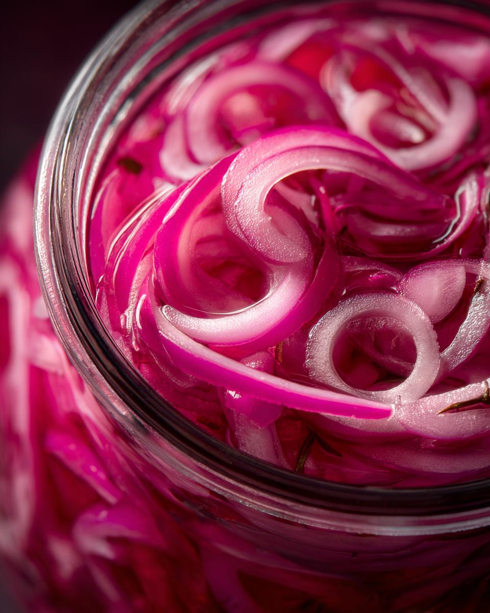 Close-up of vibrant Zesty Pickled Red Onions submerged in pickling liquid within a glass jar.