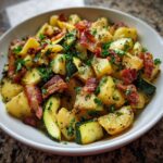 Close-up van Zucchini en Aardappel Sauté met knapperig spek en peterselie in een witte kom.