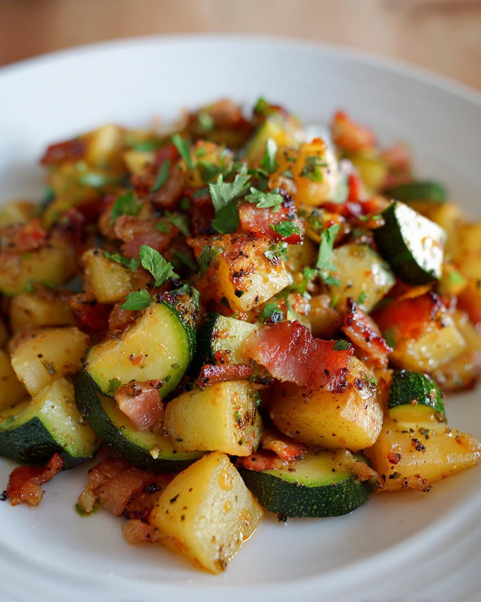 Close-up van een bord met Zucchini en Aardappel Sauté met knapperig spek en peterselie.