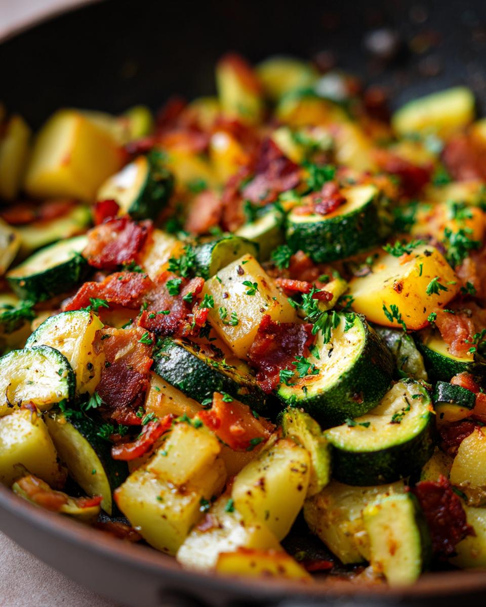 Close-up van Zucchini en Aardappel Sauté met Spek, gegarneerd met peterselie.