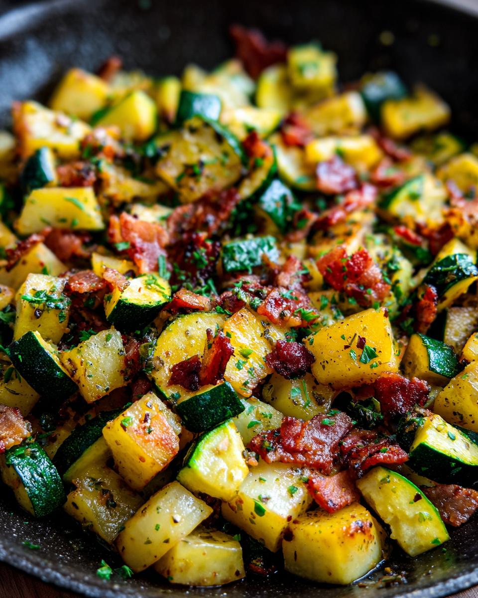 Close-up van Zucchini en Aardappel Sauté met Spek, gegarneerd met peterselie.