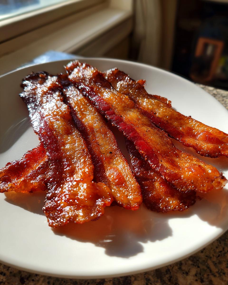 Five strips of perfectly cooked, crispy Air Fryer Bacon glistening on a white plate in natural sunlight.