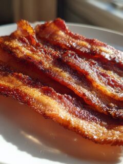 Four strips of perfectly cooked, crispy Air Fryer Bacon glistening on a white plate in bright sunlight.