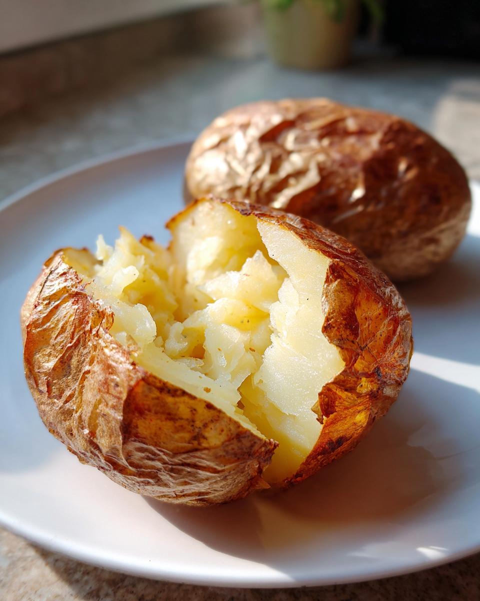 Close-up of a perfectly cooked Air Fryer Baked Potatoes, split open to show fluffy interior, on a white plate.
