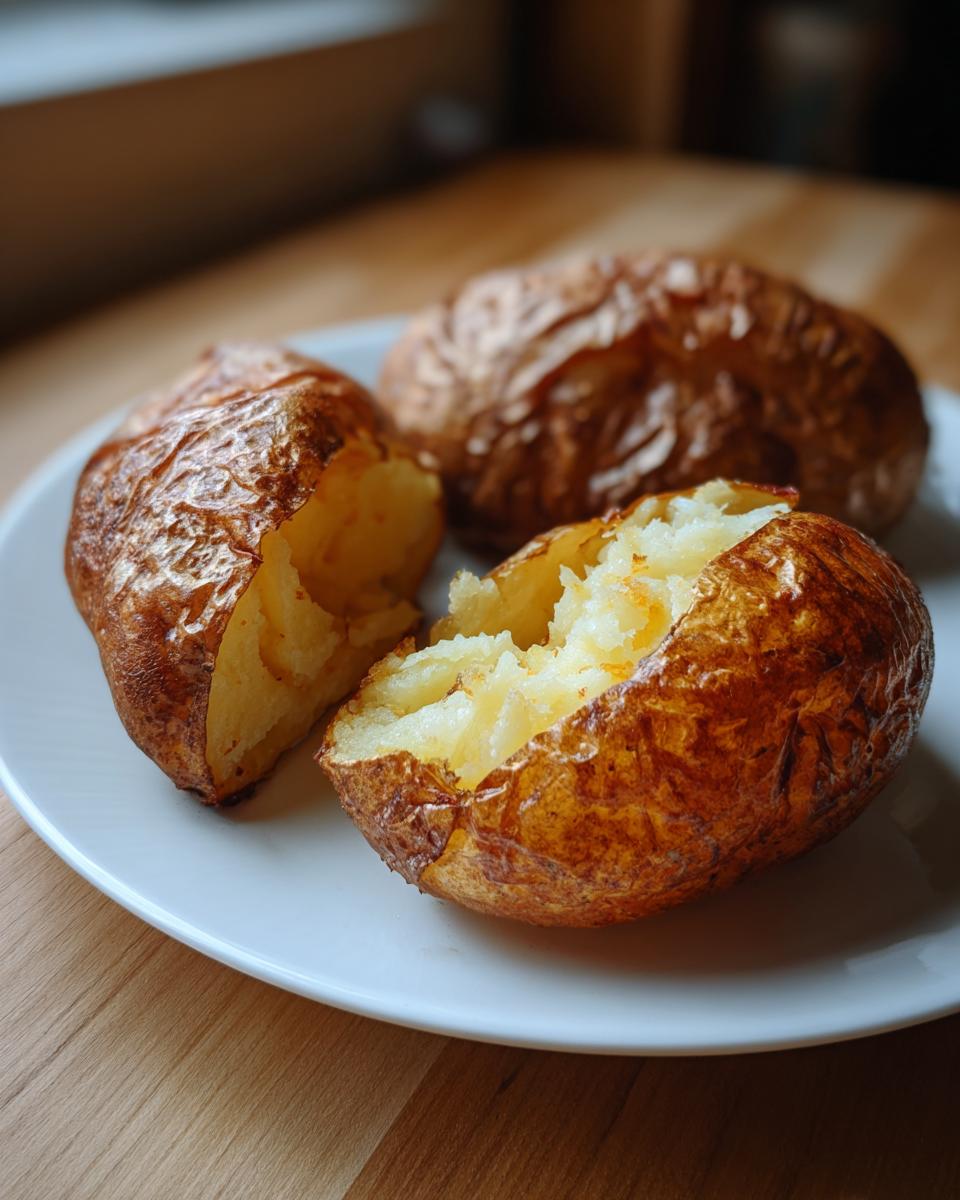 Three crispy-skinned Air Fryer Baked Potatoes served on a white plate, one split open revealing fluffy interior.