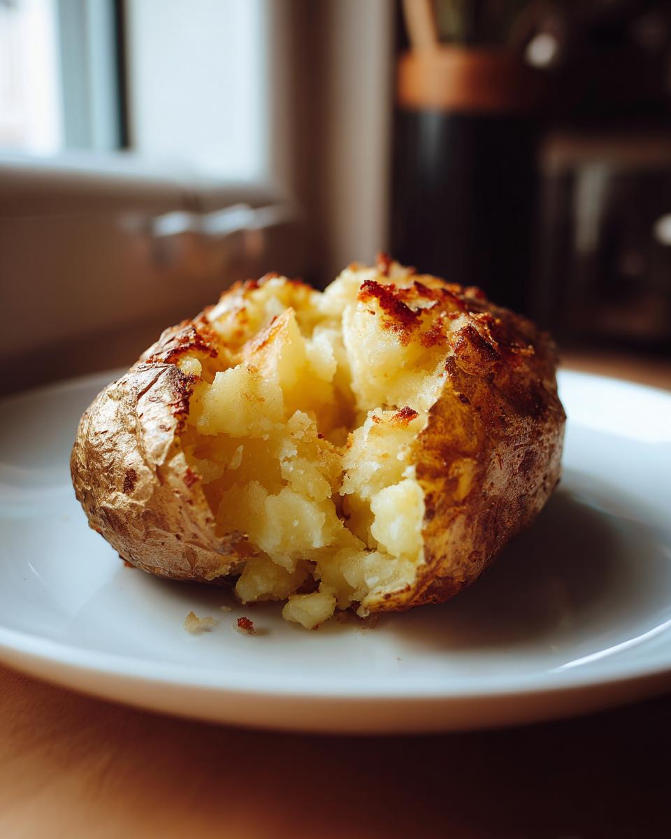 A close-up of a fluffy, split Air Fryer Baked Potatoes with a crispy golden skin on a white plate.