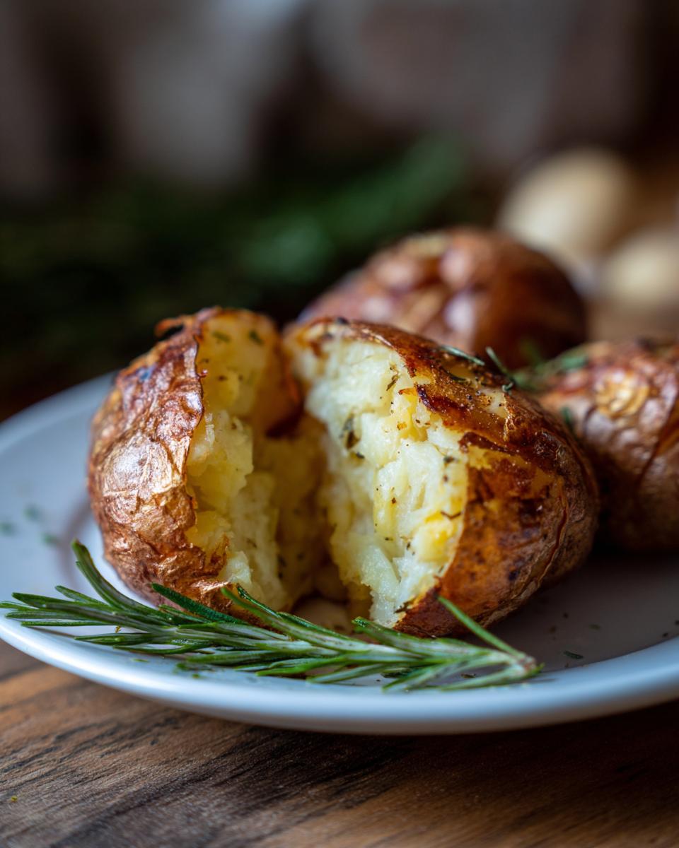 Close-up of a fluffy Air Fryer Baked Potatoes split open, seasoned with herbs and garnished with fresh rosemary.