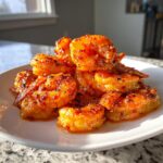 A close-up of a pile of glossy, orange-red Air Fryer Buffalo Shrimp stacked on a white plate.