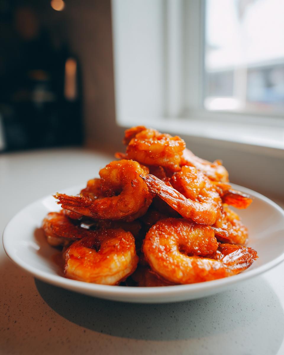 A white bowl piled high with glossy, orange-red Air Fryer Buffalo Shrimp, ready to eat.