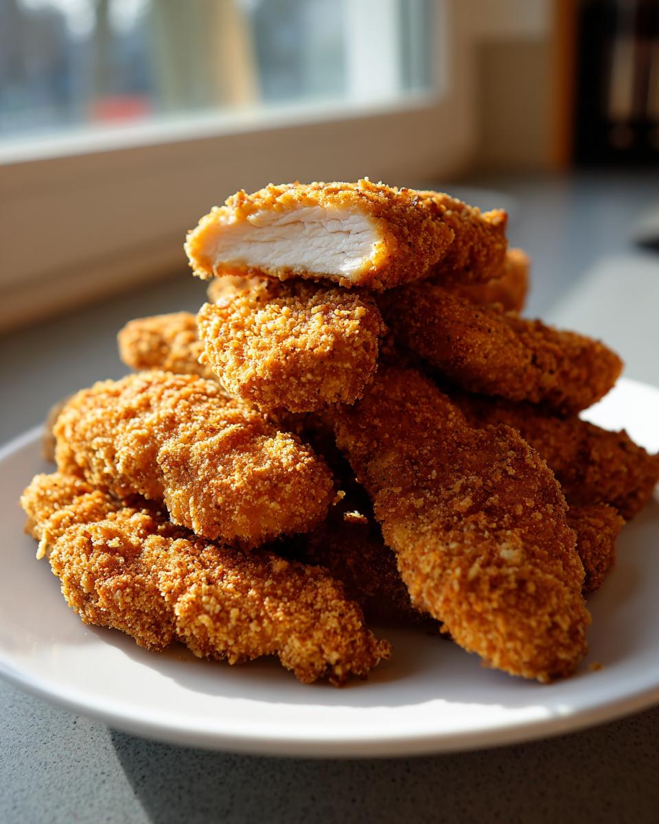 A pile of golden brown, crispy Air Fryer Chicken Tenders on a white plate, one cut open showing white meat.