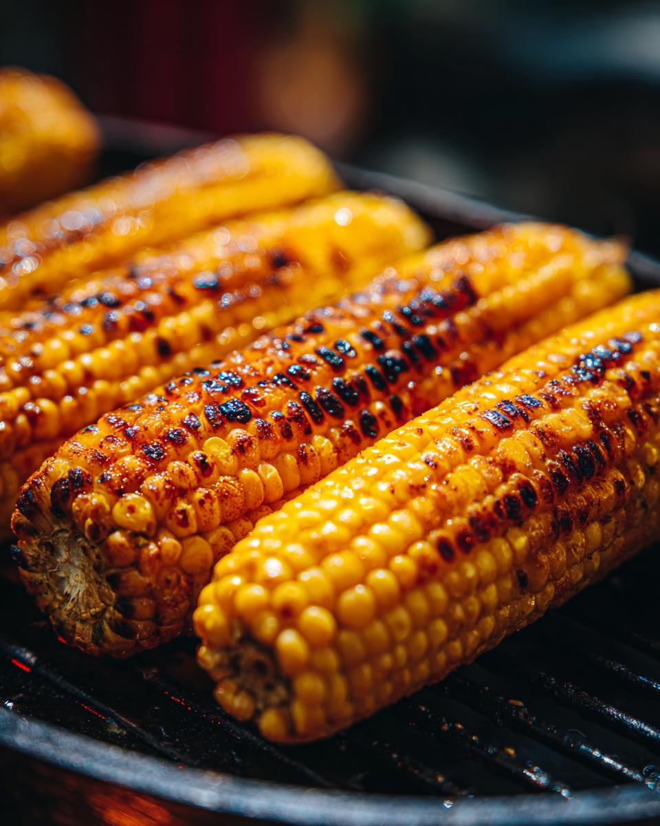 Close-up of perfectly cooked air fryer corn on the cob with grill marks.