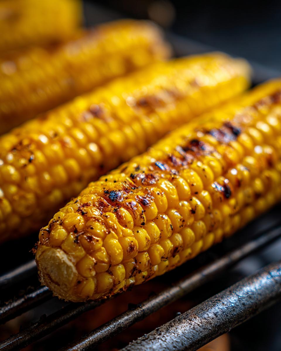 Close-up of perfectly cooked air fryer corn on the cob with slight char marks on a grill.
