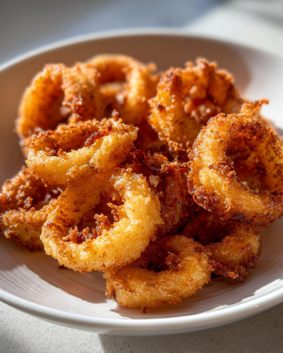 A close-up of golden brown, crispy Air Fryer Fried Calamari rings piled high in a white bowl.