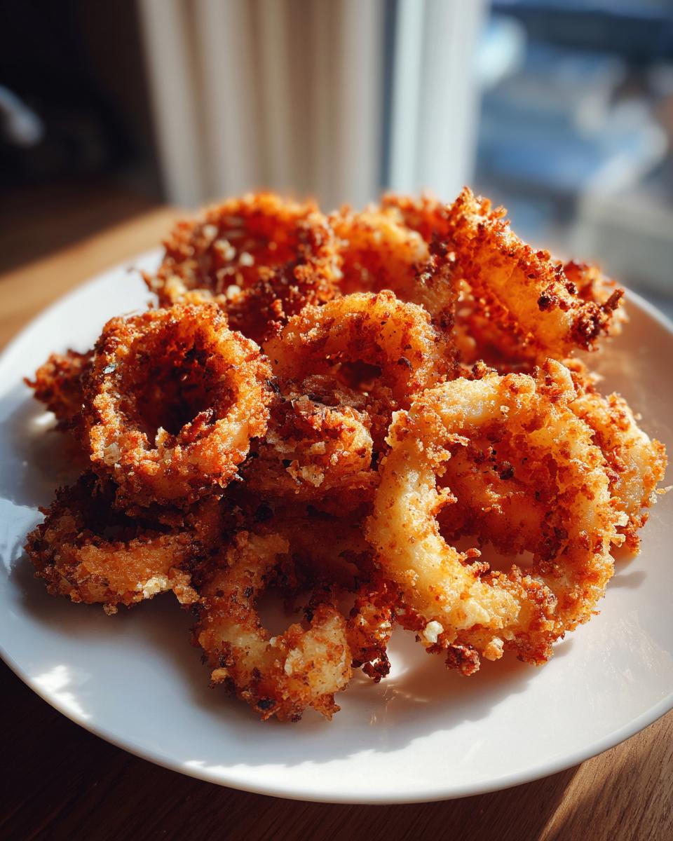 A pile of golden brown, crispy Air Fryer Fried Calamari rings served on a white plate.