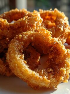 Close-up of golden brown, crispy Air Fryer Fried Calamari rings piled on a white plate.