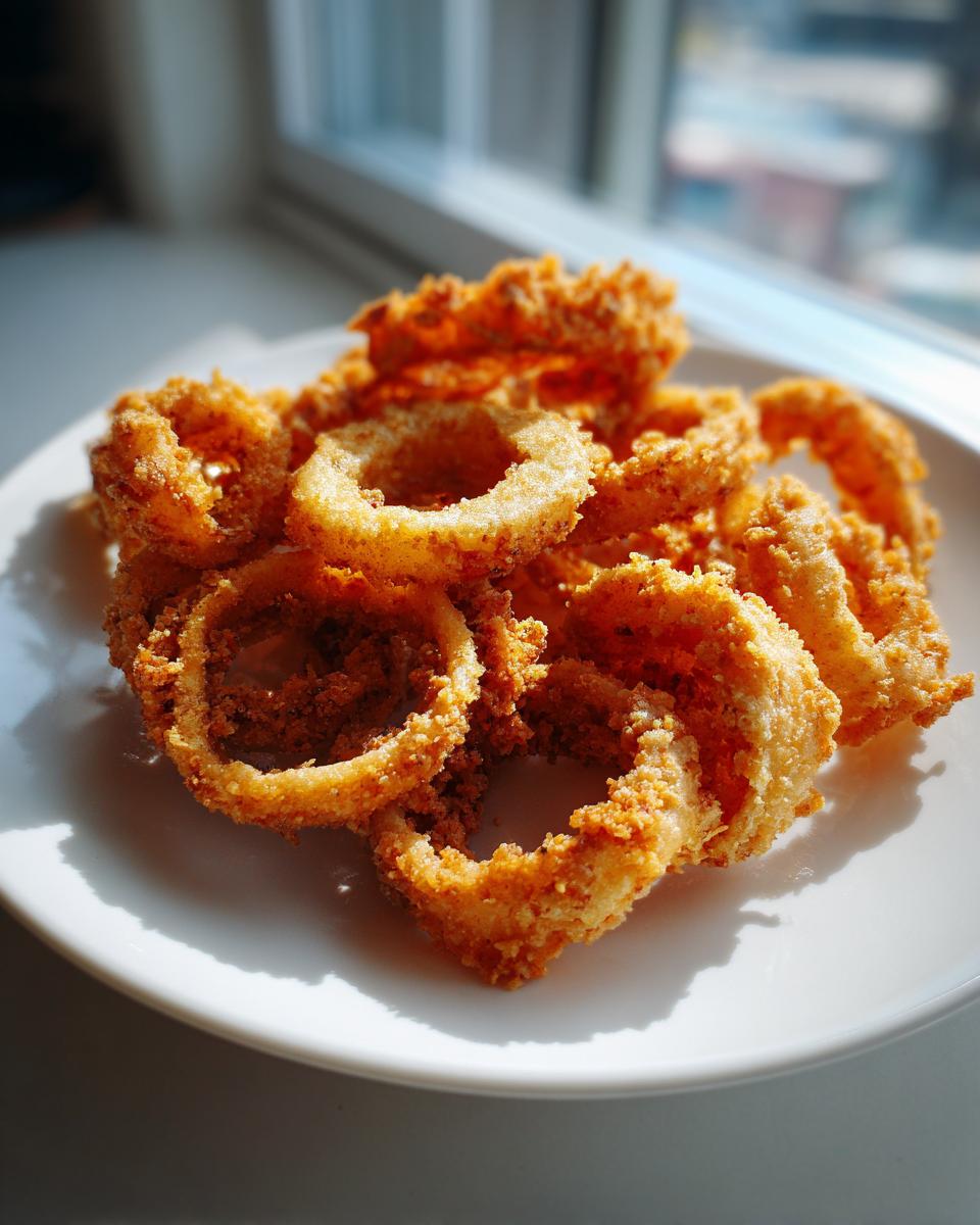 A pile of golden brown, crispy Air Fryer Fried Calamari rings served on a white plate near a window.