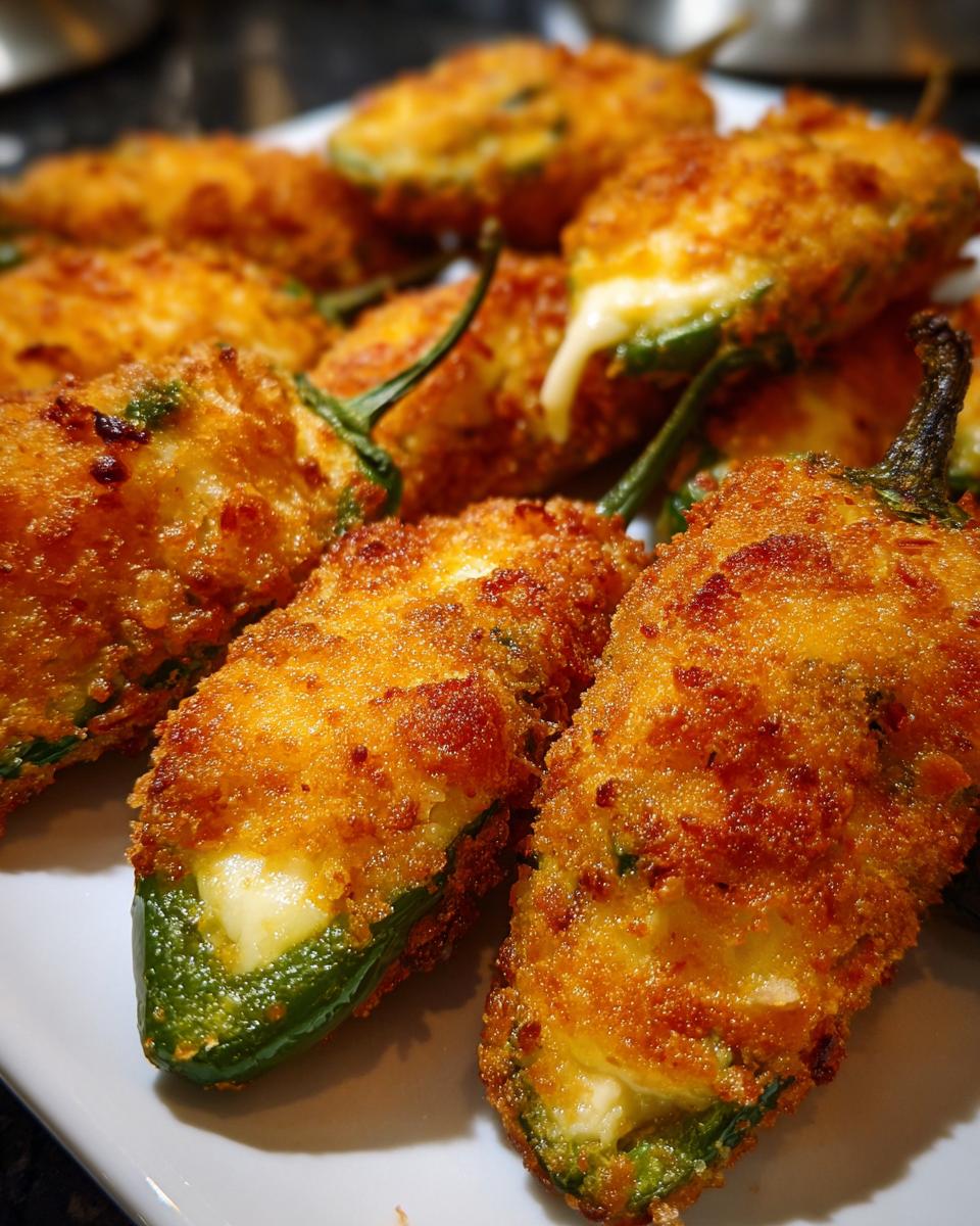 Close-up of golden brown, crispy Air Fryer Jalapeno Poppers stuffed with melted white cheese.