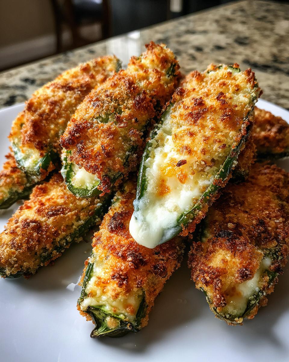 A pile of golden brown, crispy Air Fryer Jalapeno Poppers filled with melted cheese, served on a white plate.